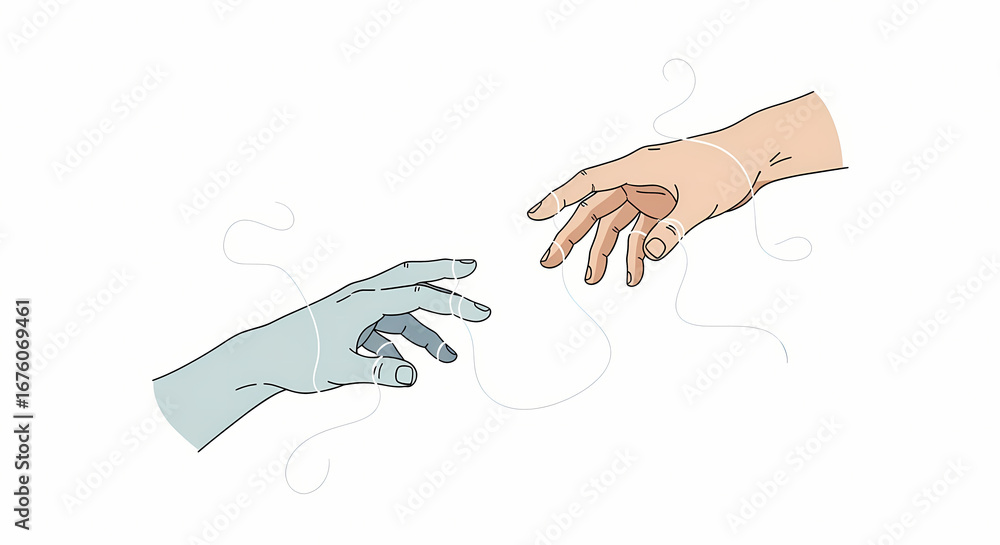 Obraz premium Two hands reaching toward each other line art 