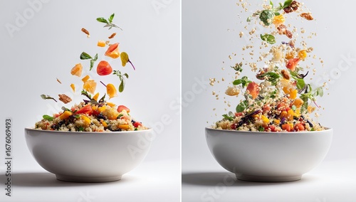 Two white bowls of quinoa salad, with ingredients flying
