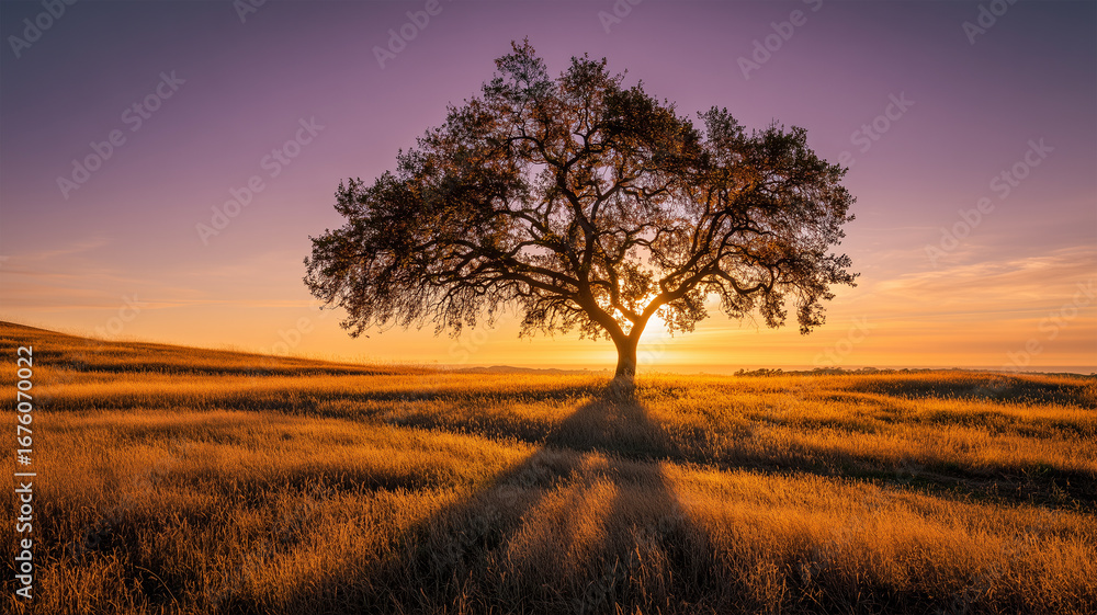 Fototapeta premium 夕暮れの草原に一本の木が立つ