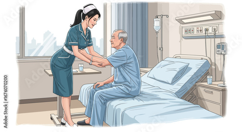 A caring nurse assisting elderly patient in hospital for mobility recovery