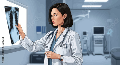 Asian Female Doctor Analyzing X-Ray in Modern Hospital Setting Art