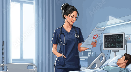Asian Nurse Reviewing Patient Chart, Providing Care and Monitoring in Hospital