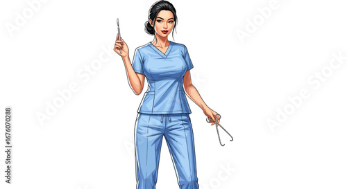 Asian surgeon in blue scrubs holds surgical instruments confidently posing