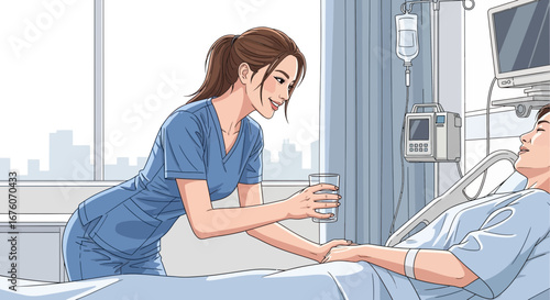 Caring nurse assists patient with hydration in a modern hospital setting