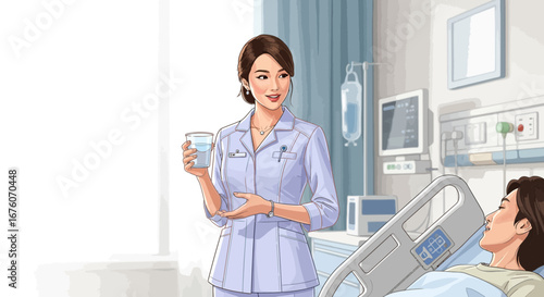 Caring nurse tending to patient in hospital, fostering recovery atmosphere