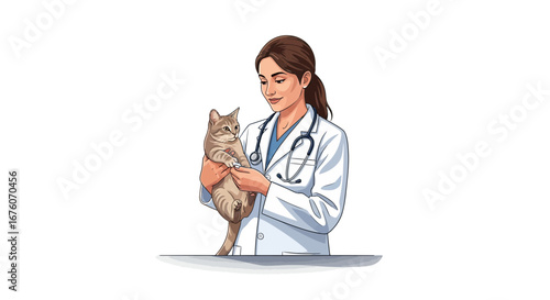 Caring veterinary doctor examining a feline friend on a white background