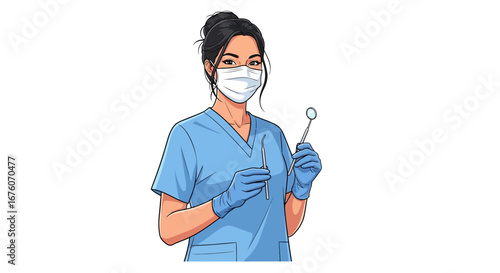 Cartoon depiction of a dental professional with mask and instruments