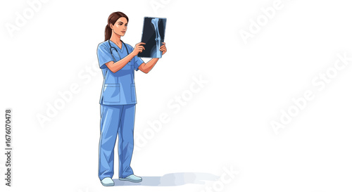 Cartoon illustration of a healthcare professional analyzing a bone x-ray