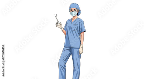 Cartoon portrayal of a surgeon displaying medical instrument on white background