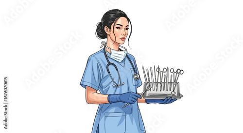 Competent medical assistant with tray of surgical tools in blue scrubs