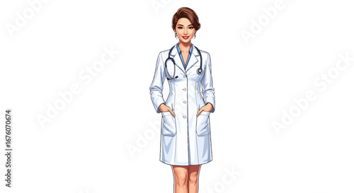 Confident and Professional Female Doctor Standing with Stethoscope on White Background