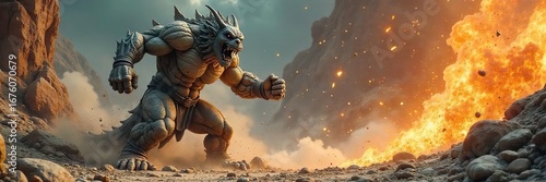 Ancient stone statue, magically animated, cracks and crumbles as it unleashes a powerful punch, dust and debris flying  Epic battle scene, fantasy, mythical creature ,  ancient,  art