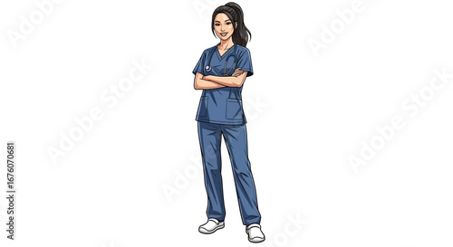 Confident Asian Nurse Standing with Arms Crossed on a White Background