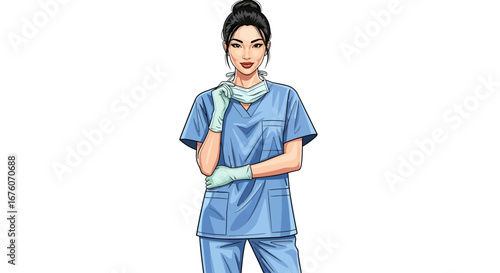 Confident asian female nurse wearing a surgical mask and blue scrubs