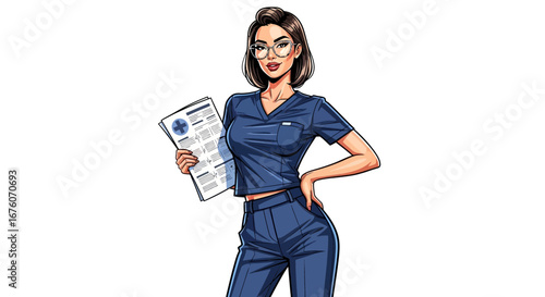 Confident cartoon nurse in blue scrubs holding medical chart with eyeglasses