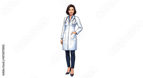 Confident female doctor in lab coat with stethoscope isolated on white