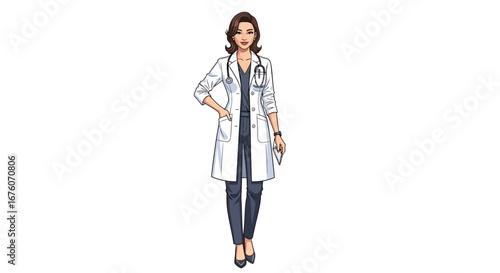 Confident female doctor in lab coat standing isolated on white background