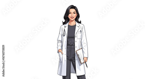 Confident female doctor portrait in a lab coat with stethoscope vector art