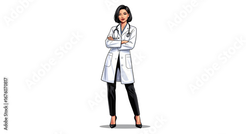 Confident female doctor standing arms crossed in modern cartoon style