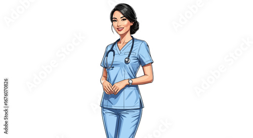 Confident female doctor smiling in scrubs with stethoscope isolated view