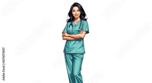 Confident female doctor with stethoscope in blue scrubs illustration