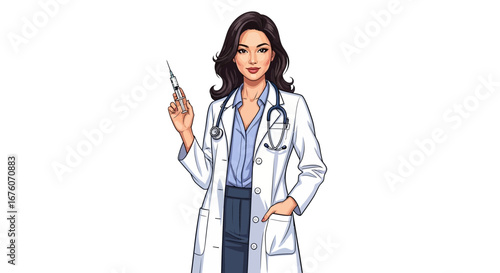 Confident female physician holds syringe ready for injection, healthcare concept