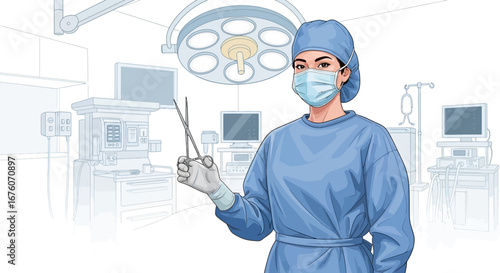 Confident female surgeon in operating room, surgical tools in hand, healthcare