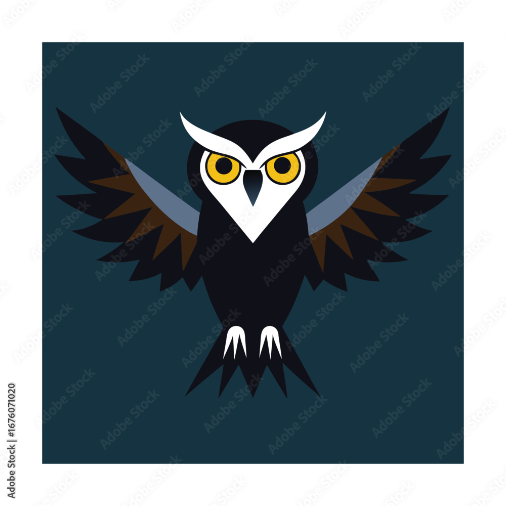 Fototapeta premium Stylized owl with outstretched wings on dark blue background