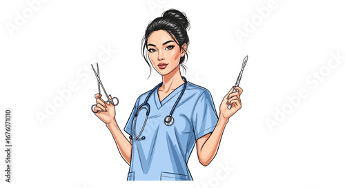 Confident surgeon holding scalpel and surgical scissors portrait style