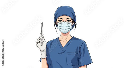 Confident surgeon with mask wearing blue scrubs holding a scalpel artist concept