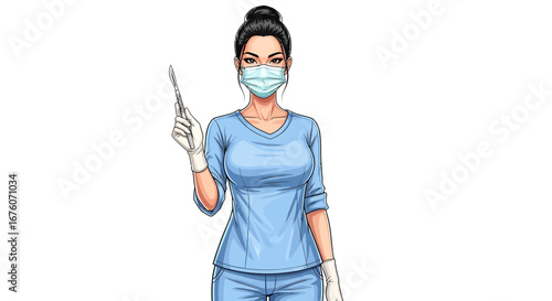 Confident surgeon woman in medical scrubs holding a scalpel illustration