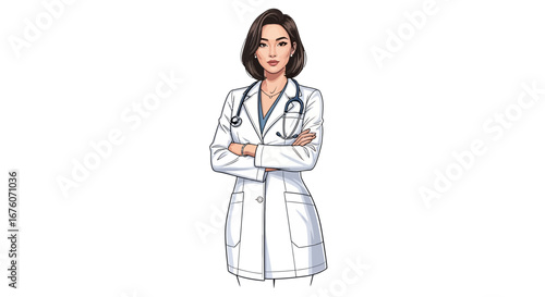 Confident young female doctor with folded arms posing on a white backdrop