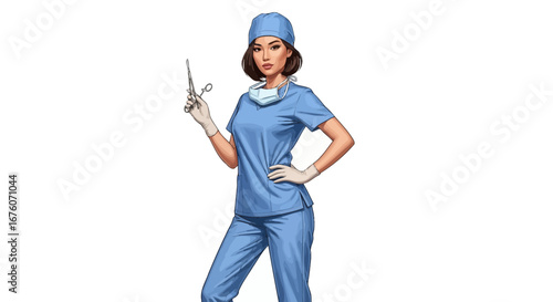 Confident young woman doctor surgeon wearing scrubs holding surgical tools