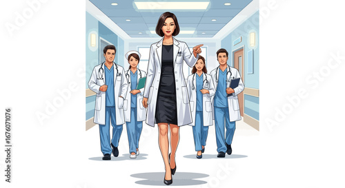 Dedicated female doctor with team in hospital, health care vector illustration