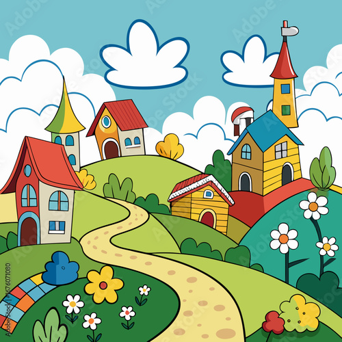 Whimsical cartoon village with winding path and colorful houses on rolling hills