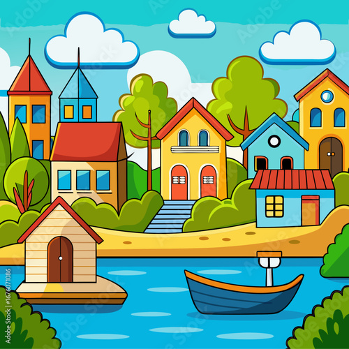 Charming cartoon riverside village scene with colorful houses and boats vector art