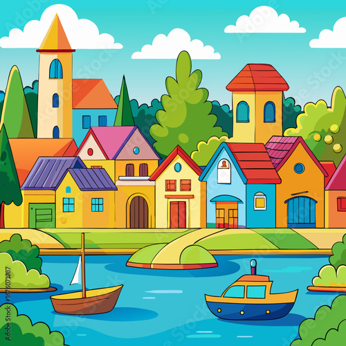 Charming cartoon riverside village scene with colorful houses and boats vector art