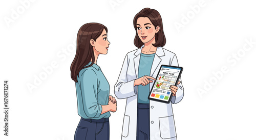 Dietitian explaining meal plan to patient on a digital tablet concept