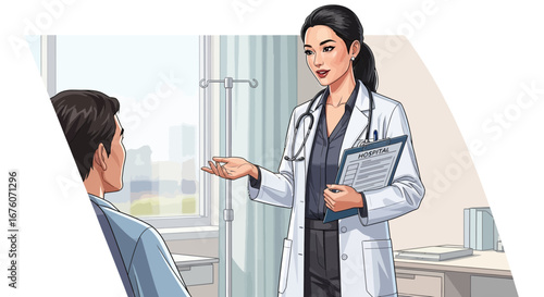 Doctor discussing diagnosis with patient in hospital room illustration