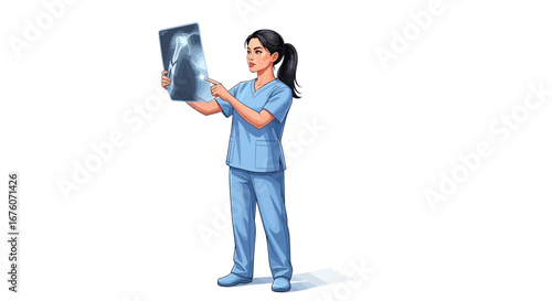 Female doctor examining X-ray, wearing blue scrubs in a bright environment