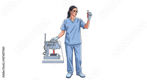 Female laboratory technician inspecting blood sample in a test tube attentively