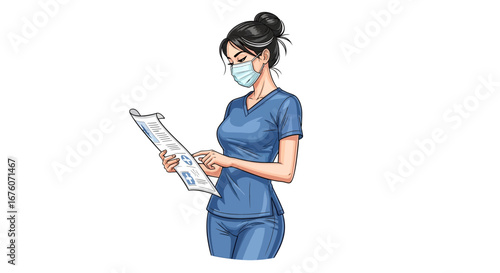 Female nurse studying medical data wearing a protective facemask in cartoon style