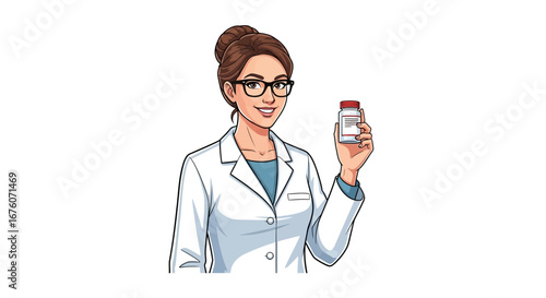 Female pharmacist holding pill bottle with positive attitude in illustration