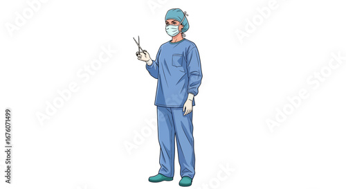 Female surgeon holding surgical clamp in a sterile blue operating room