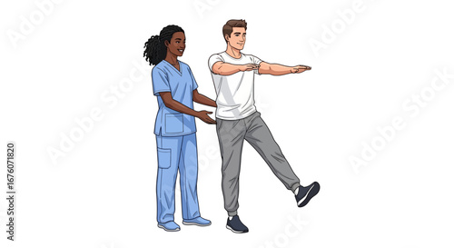 Illustrative image of a healthcare professional assisting a patient stretching leg