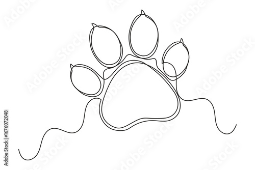 Isolated dog paw outline in continuous one line drawing minimalist art style