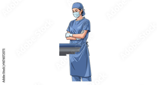 Pensive doctor in scrubs at hospital, ready for surgery with confidence