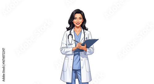 Smiling healthcare professional taking notes on clipboard in lab coat
