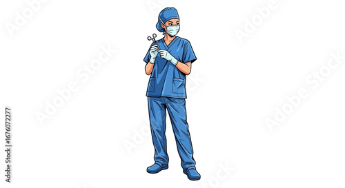 Standing surgeon attentively holding surgical scissors in hand