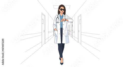 Stylish doctor with sunglasses walking through hospital corridor checking time
